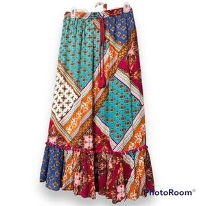 RD + KoKo Bohemian skirt medium with elastic & drawstring waist pom pom tassel